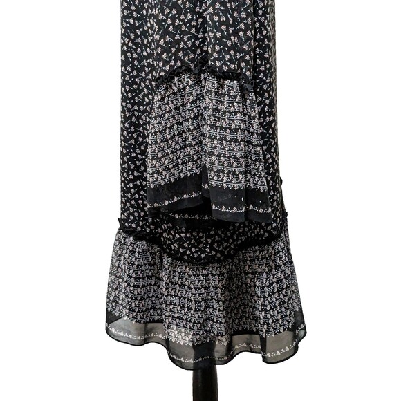 Max Studio Dress L Black Print Scoop  Flared Sleeve Tiered Bohemian Peasant Nice - Picture 12 of 16